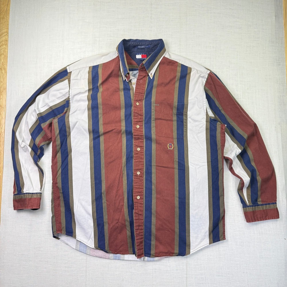 VTG 90s Tommy Hilfiger Shirt Button Up L/S Preppy Colorblock Large‎ Mens Stripes
